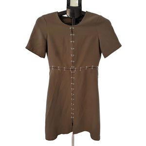 THE KOOPLES OLIVE GREEN SHORT SLEEVE MINI DRESS WITH SILVER DETAILS
